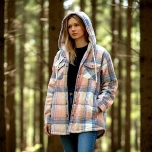 Asvivid Womens New Pink/Gray Fleece Lined Snap Jacket Flannel Hoodie Size: XL